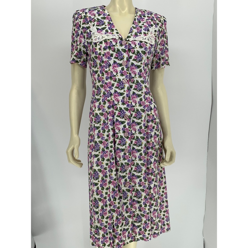 Whirlaway‎ Frocks Vintage 90s Cottagecore Floral Lace Collar Dress Purple 6P
